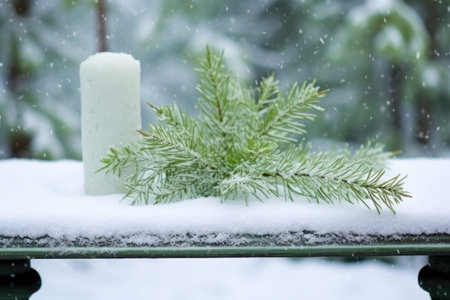 close view of snow-covered fir twigs on a sage green altar, created with generative aiの素材