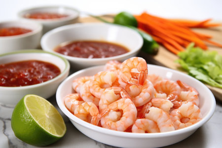 raw shrimp with bowl of chili lime sauce nearby, created with generative aiの素材