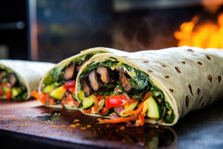 charcoal-grilled veggie wrap, smoke rising up, created with generative aiの素材