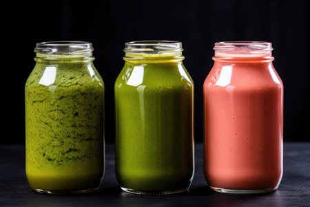 three different coloured smoothies in glass bottles on black granite, created with generative aiの素材