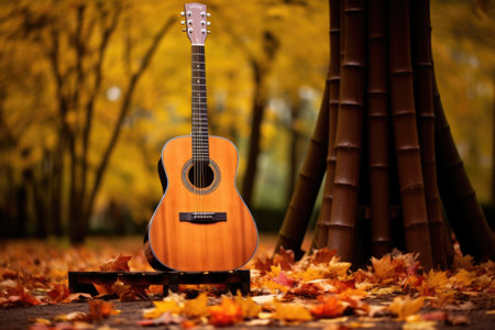 acoustic guitar in a stand, surrounded by autumn leaves, created with generative aiの素材