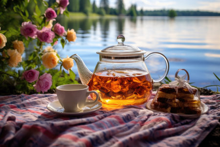 glass teapot with flowering tea on a picnic blanket, with a view of a lake, created with generative aiの素材