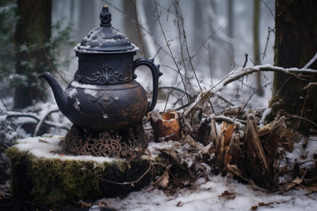 a rustic iron teapot on a charred stump, in a snowy winter forest, created with generative aiの素材