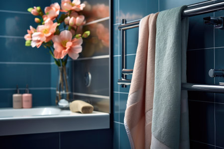 a floral bath towel hanging on a shiny steel nail in a modern bathroom, created with generative aiの素材