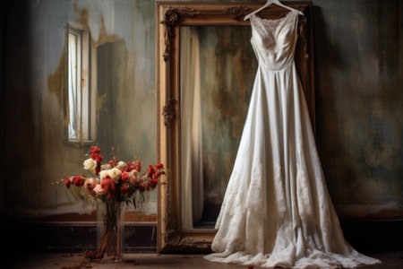 wedding dress on hanger reflected in a vintage mirror, created with generative aiの素材