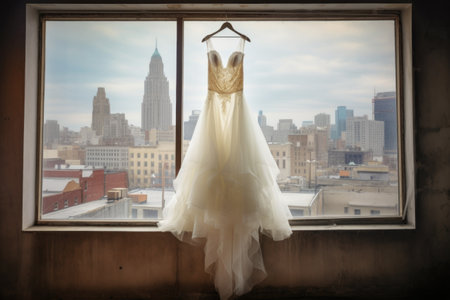 wedding dress hanging on a hanger against a window with cityscape view, created with generative aiの素材