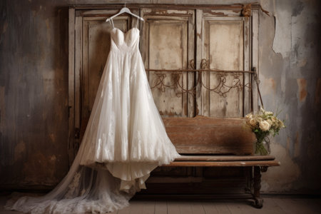 a white wedding dress hanging on an antique wooden hanger, created with generative aiの素材