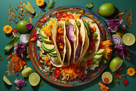 overhead shot of a colorful taco with chili pepper and avocado slices, created with generative aiの素材