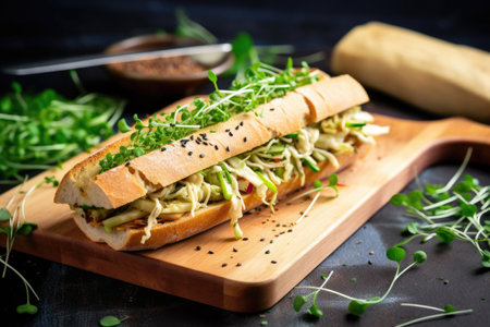 close-up view of a baguette sandwich with sprouts and tofu, created with generative aiの素材
