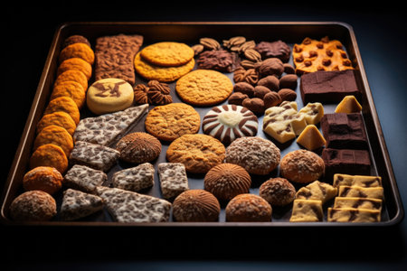 angle of a baking tray filled with mixed cookie shapes, created with generative aiの素材