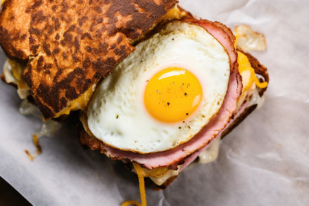 overhead shot of a sandwich with ham, fried egg, and cheese, created with generative aiの素材