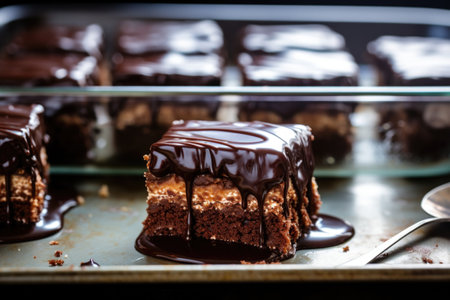 brownies with a shiny layer of chocolate ganache, created with generative aiの素材
