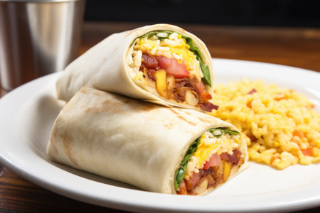 breakfast burrito filled with scrambled eggs and bacon, created with generative aiの素材