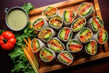 birds-eye view of veggie burritos arranged on a bamboo tray, created with generative aiの素材