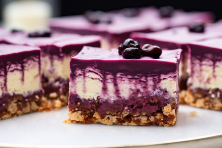 close-up of a square-cut blueberry cheesecake, created with generative aiの素材