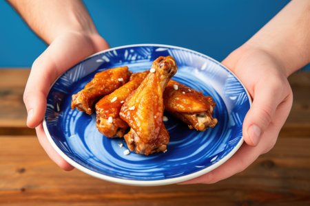 holding a saucy chicken wing over a blue plate, created with generative aiの素材