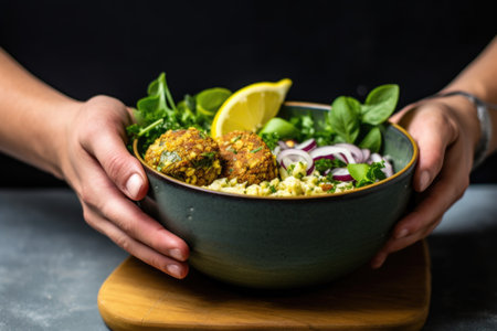 hand squeezing a lemon over a falafel salad bowl, created with generative aiの素材