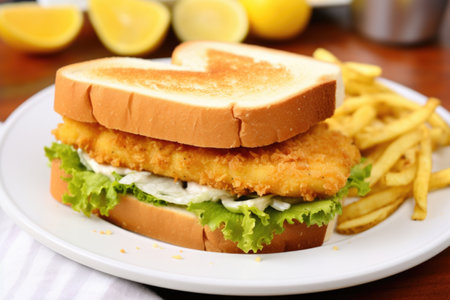 lightly toasted fish sandwich on a pastel plate, created with generative aiの素材