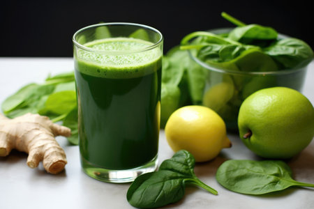 green juice in a clear glass next to assorted green fruits, created with generative aiの素材
