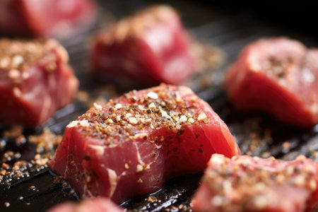 macro shots of garlic rub on raw steak tips, created with generative aiの素材