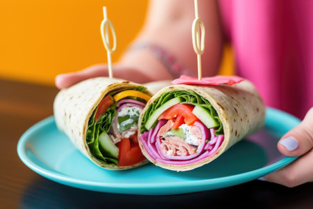 hand serving a gyro wrap on a brightly colored plate, created with generative aiの素材