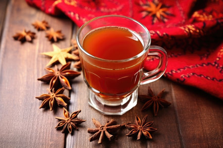 mulled cider resting on a hessian cloth with star anise, created with generative aiの素材