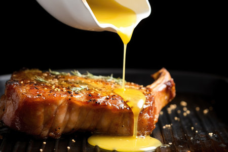 honey mustard sauce being poured onto a cooked pork chop, created with generative aiの素材
