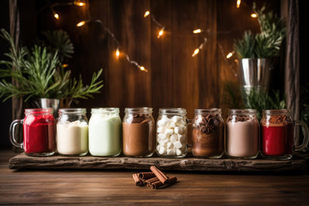 hot chocolate in assorted mugs organized on a wooden shelf, created with generative aiの素材