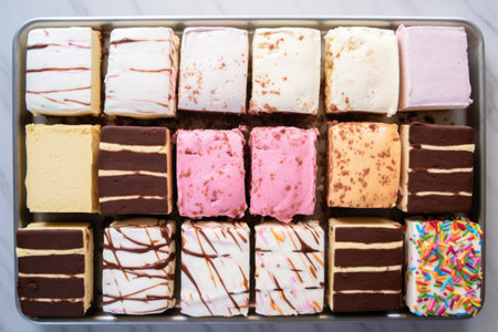 birds eye view of an ice cream sandwich grid layout with different flavors, created with generative aiの素材