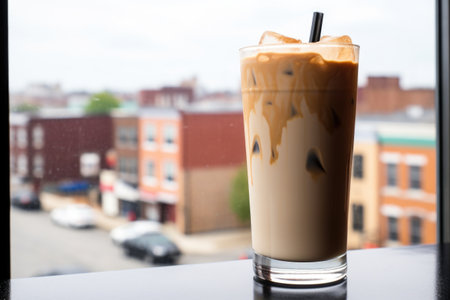 iced chai latte on a windowsill with a cityscape background, created with generative aiの素材