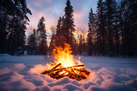 a bright bonfire burning in the heart of a winter forest, created with generative aiの素材