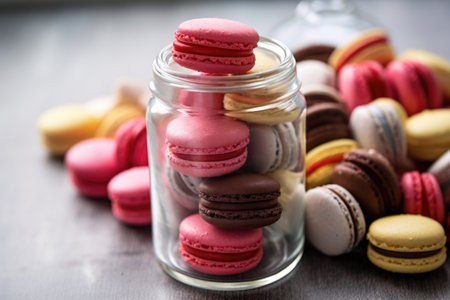assorted macarons in a glass jar, created with generative aiの素材