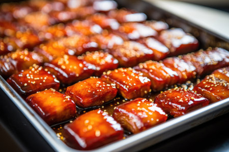 shallow tray of honey-garlic marinated pork belly, created with generative aiの素材