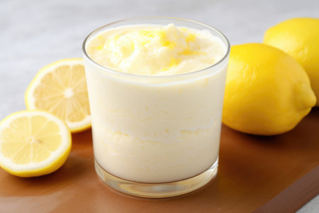 lemon flavored milkshake with a lemon slice on the rim, created with generative aiの素材