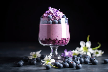 blueberry mousse in a crystal glass with blueberries on top, created with generative aiの素材