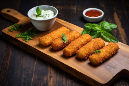 a high angle shot of mozzarella sticks on a chopping board, created with generative aiの素材