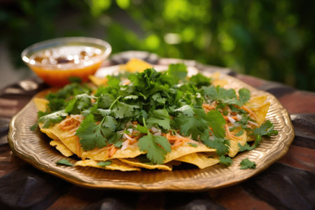 nachos served on a leaf shaped plate with cilantro garnish, created with generative aiの素材