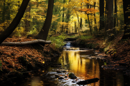 quiet brook through an autumn wooded area, created with generative aiの素材