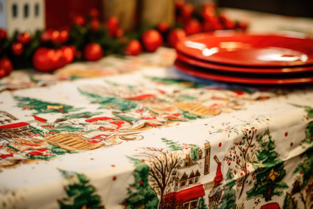 detailed shot of christmas themed tablecloth and napkins, created with generative aiの素材