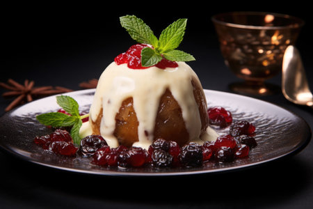 a bowl of homemade christmas pudding garnished with holly, created with generative aiの素材
