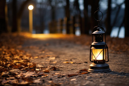 a close-up of a solitary lantern on a pathway, created with generative aiの素材