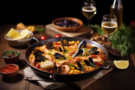 seafood paella on a wooden table with various spices nearby, created with generative aiの素材