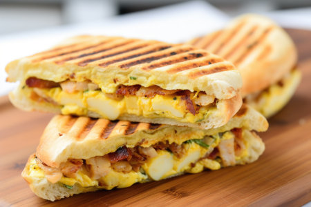 up-close of a grilled bacon and egg breakfast panini, created with generative aiの素材