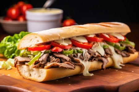 a philly cheesesteak with a red cherry tomato and green lettuce on top, created with generative aiの素材