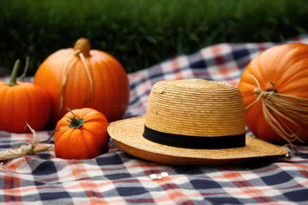 two orange pumpkins and a straw hat on a picnic blanket, created with generative aiの素材