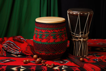 african drum with red, black, and green cloth, created with generative aiの素材