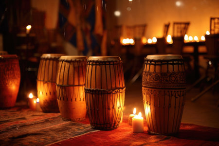 african drums lit by candlelight, created with generative aiの素材