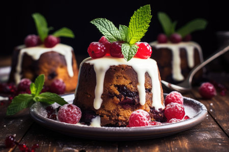 closeup of leftover christmas pudding on a board, created with generative aiの素材