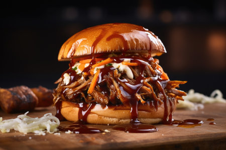 pulled pork sandwich heavily-dripping in tangy sauce, created with generative aiの素材