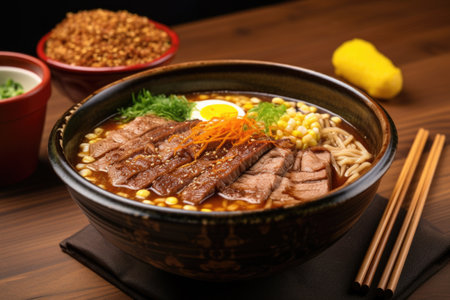 ramen with beef slices and corn in a ceramic bowl, created with generative aiの素材